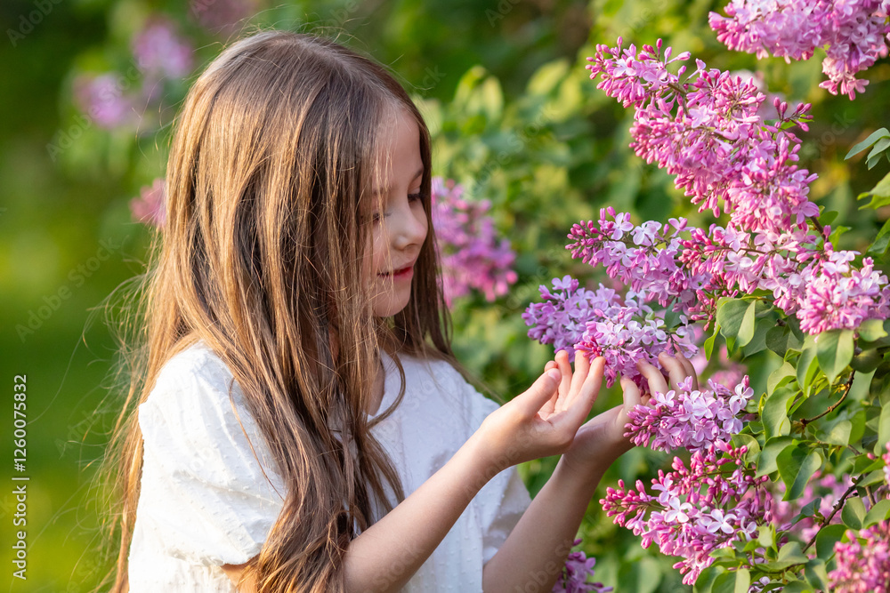 Close up little girl in a white dress touches the bloom lilac flowers while walking in park and smells the scent of spring flowers. Spring time and awakening. Children and nature. High quality photo