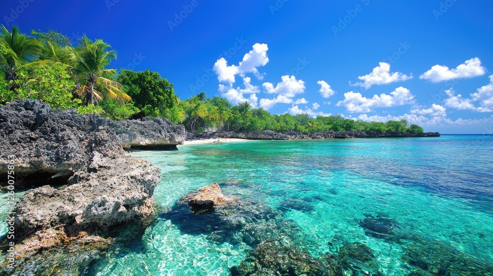 Obraz premium Tropical beach paradise with turquoise water, lush vegetation, and clear sky. Possible use Stock photo for travel advertisements, tourism brochures