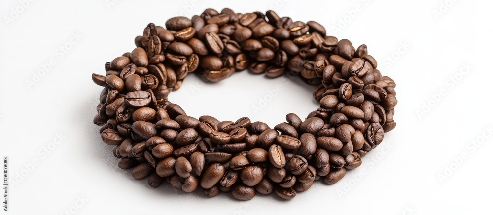 Coffee bean wreath arrangement on a white background, featuring rich brown tones with varied textures and circular shape prominently displayed. Coffee bean wreath arrangement on a white background, featuring rich brown tones with varied textures and circular shape prominently displayed.