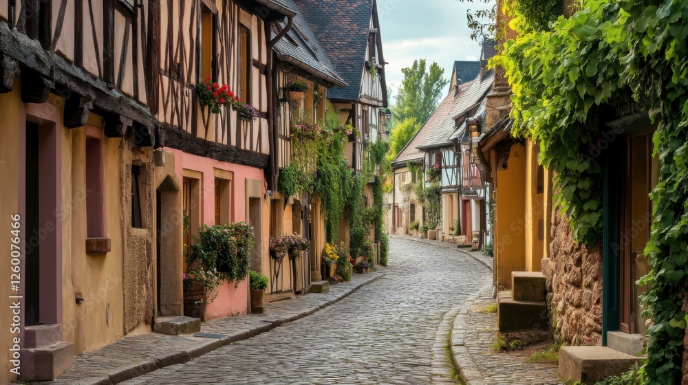 Fototapeta premium Quaint Cobblestone Street Through Historic European Village: Picturesque and Nostalgic Backdrop for Text or Graphics, Charming Village Details