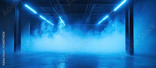 Mysterious empty room with blue lighting and smoke creating an atmospheric ambiance; vertical view highlighting eerie shadows and foggy depth.