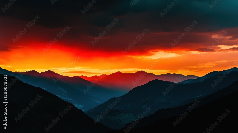 Rugged Mountain Range Silhouetted Against Fiery Sunset Sky: Majestic Landscape Backdrop for Text or Graphics, Stunning Sunset Colors and Dynamic Contrast Rugged Mountain Range Silhouetted Against Fiery Sunset Sky: Majestic Landscape Backdrop for Text or Graphics, Stunning Sunset Colors and Dynamic Contrast