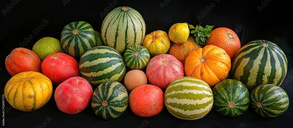 Aerial view of diverse tropical melons and watermelons in vibrant colors arranged on a black background, creating an appealing fruit display Aerial view of diverse tropical melons and watermelons in vibrant colors arranged on a black background, creating an appealing fruit display