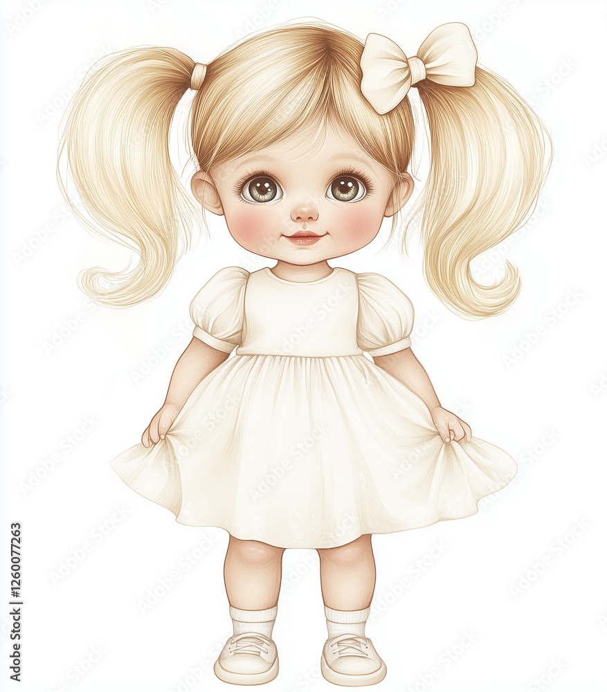 Cute blonde girl with pigtails wearing a white dress in a playful pose Cute blonde girl with pigtails wearing a white dress in a playful pose