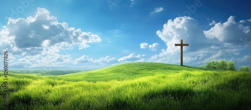 Wooden cross positioned on a vibrant green hill under a bright blue sky with fluffy clouds creating a serene natural landscape symbolizing faith