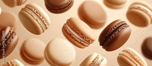 Elegant assortment of macarons in soft beige and rich brown tones arranged in mid-air against a blurred creamy background ideal for dessert advertising.