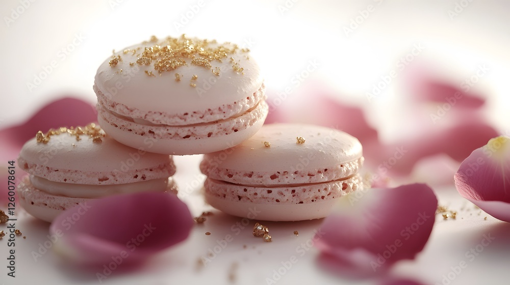 Pink macarons with gold flakes and rose petals on soft pastel background. Pink macarons with gold flakes and rose petals on soft pastel background.