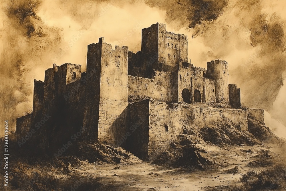 Fototapeta premium Ancient fortress perched on a rugged hill under a dramatic sky at dusk