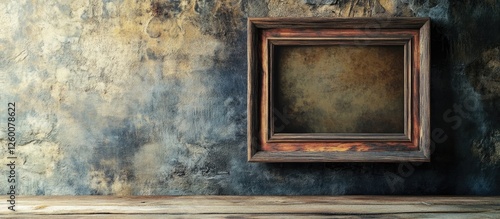 Vintage ornate wooden frame positioned left on a rustic wooden table against a textured grunge wall in earthy tones of brown and blue.