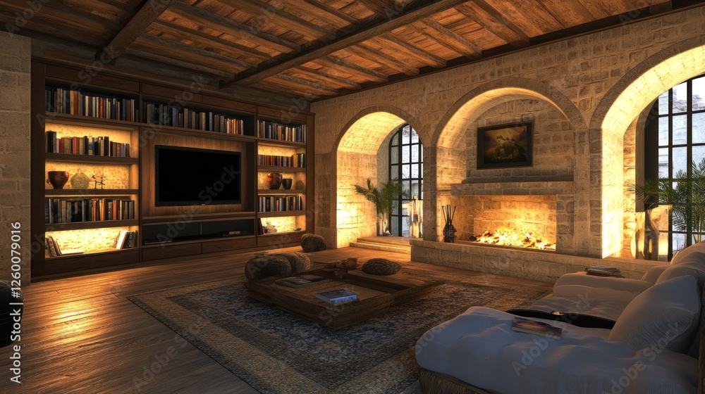 Cozy living room with fireplace and bookshelves at dusk Cozy living room with fireplace and bookshelves at dusk