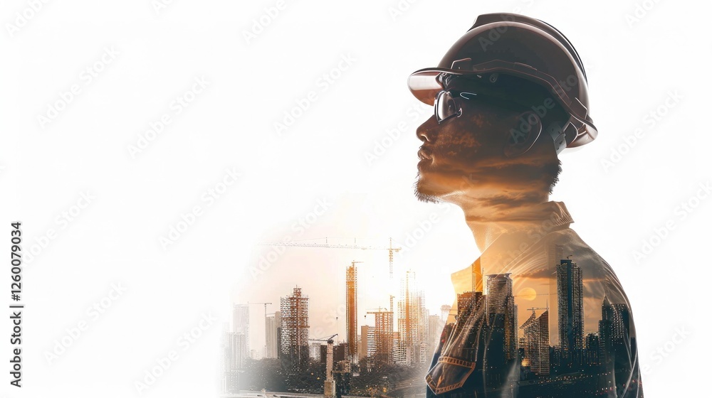 Fototapeta premium Construction Worker Silhouette Over Cityscape at Sunset