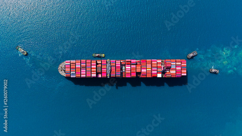 Aerial top view shipping cargo to harbor.