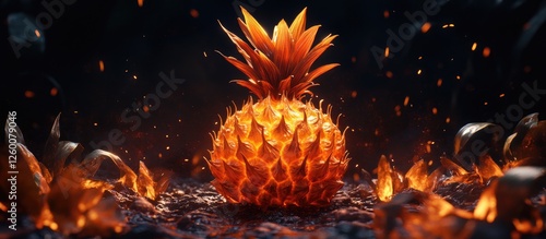 Vibrant orange pineapple with glowing spikes positioned in center against dark fiery backdrop showcasing a blend of realism and fantasy elements