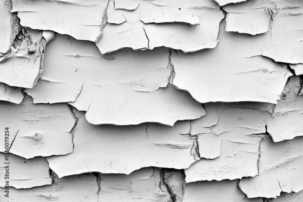 Obraz premium Weathered white paint flakes reveal layered textures on an old wooden surface in natural light