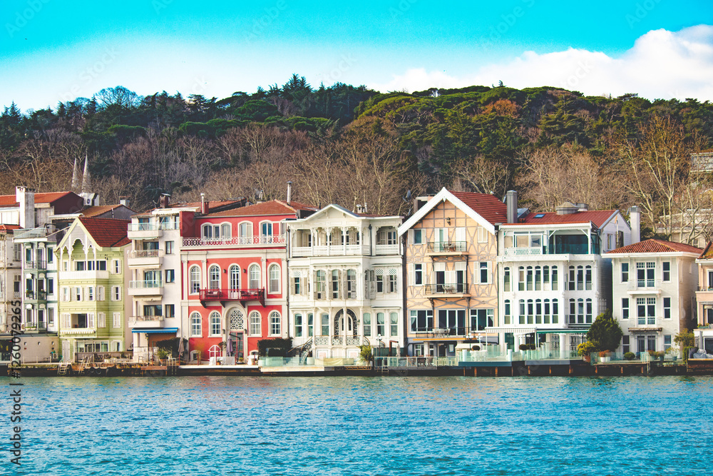 Places to visit in Istanbul. Historical mansions on the shores of the Bosphorus. Colorful famous Yeniköy mansions. Places to visit in Istanbul. Historical mansions on the shores of the Bosphorus. Colorful famous Yeniköy mansions.