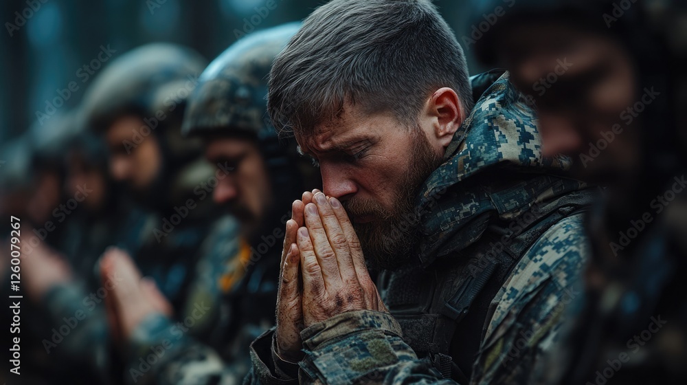 Obraz premium Soldiers bow their heads in solemn prayer during a memorial service in a forest setting