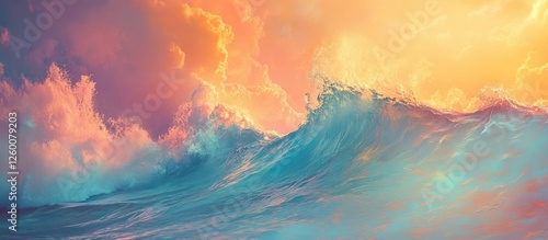 Vibrant ocean waves crashing in shades of turquoise and blue under a glowing sunset with soft pink and orange clouds in the background.