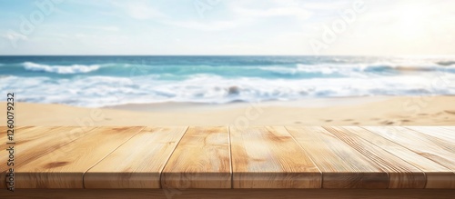 Beachfront view with wooden table in the foreground, golden sand and gentle waves under a bright blue sky at sunset. Warm tones dominate the scene.