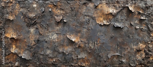 Rustic metal wall displaying extensive oxidized layers with brown, orange, and gray tones creating a weathered appearance across the surface.