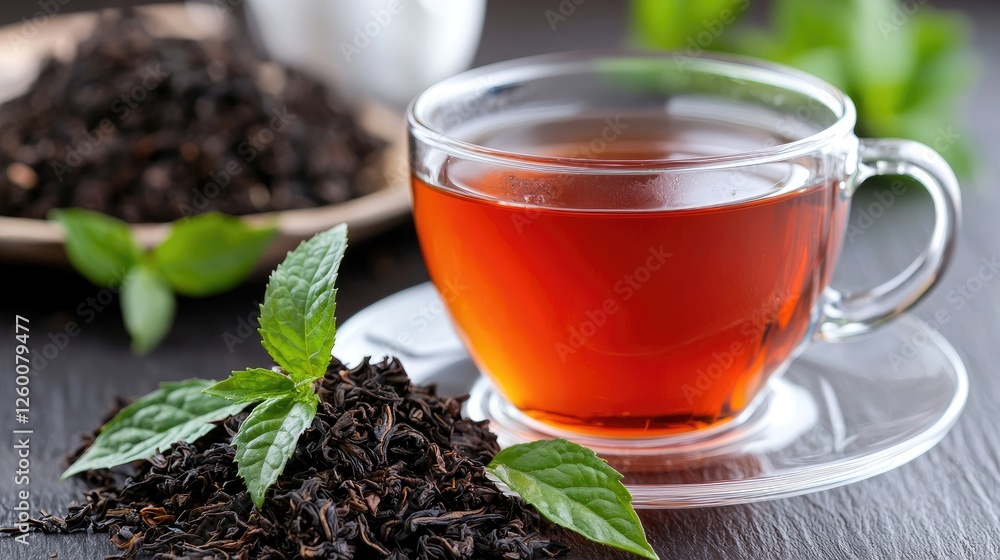 Black tea cup, leaves, mint, dark background, close-up, still life, food photography Black tea cup, leaves, mint, dark background, close-up, still life, food photography