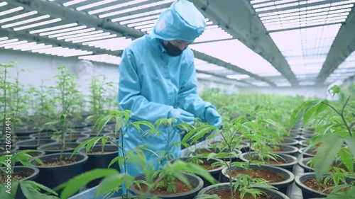 Expert grower in blue protective suit checking on cannabis trees production inside plantation greenhouse room, organic cultivating greenhouse with bright light source, quality marijuana farming 