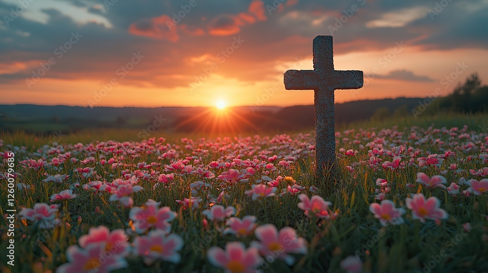 cross on the meadow with flowers at sunset christian symbols cross on the meadow with flowers at sunset christian symbols