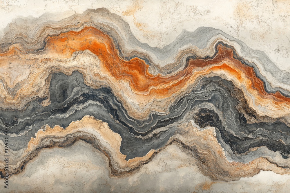 Abstract artwork featuring flowing patterns in shades of orange, gray, and cream evoking natural textures and landscapes Abstract artwork featuring flowing patterns in shades of orange, gray, and cream evoking natural textures and landscapes