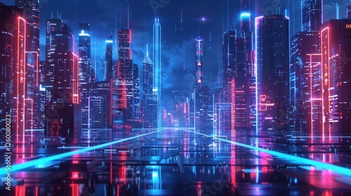 Wallpaper Mural Futuristic cityscape with neon lights and reflective surfaces Torontodigital.ca