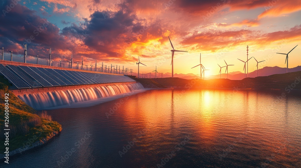 Fototapeta premium Sunset over hydroelectric dam, wind turbines, solar panels (5)