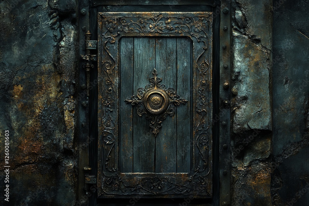 Intricately designed old door with ornate detailing set against a weathered stone wall Intricately designed old door with ornate detailing set against a weathered stone wall