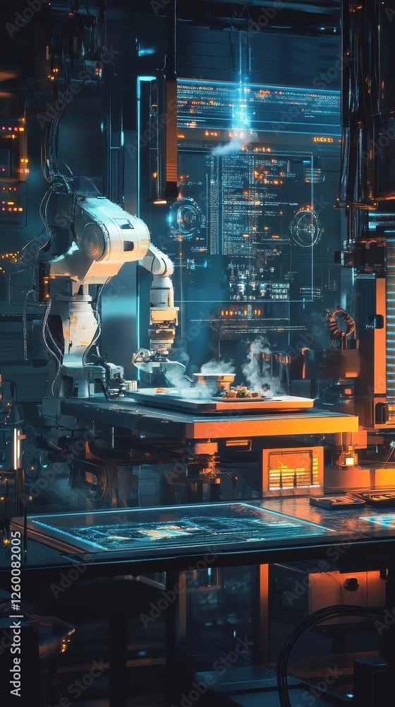 Fototapeta premium A robot arm manipulates food under illuminated holographic data