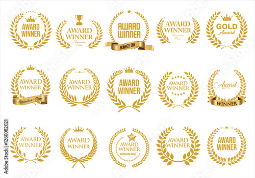 Award winner, premium and gold award emblem icon and laurel gold color isolated on white background