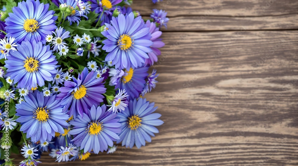Obraz premium Close-Up of Violet and Blue Flowers Against Wooden Background, generator AI