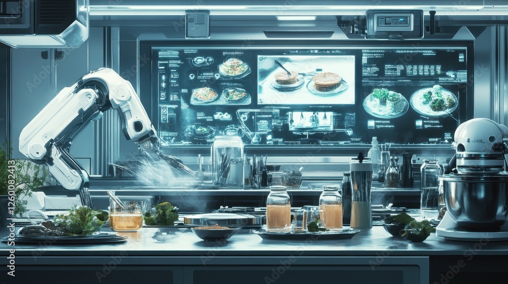 Futuristic kitchen with robotic arm preparing food in laboratory Futuristic kitchen with robotic arm preparing food in laboratory