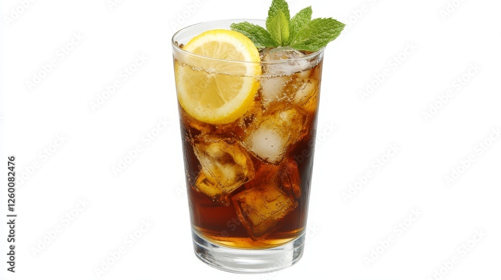 Long Island ice tea cocktail with vodka, rum, tequila, gin, liquor, lemon juice, cola and ice, garnished with lemon slice and mint in highball glass.
Long Island ice tea cocktail with vodka, rum, tequila, gin, liquor, lemon juice, cola and ice, garnished with lemon slice and mint in highball glass.