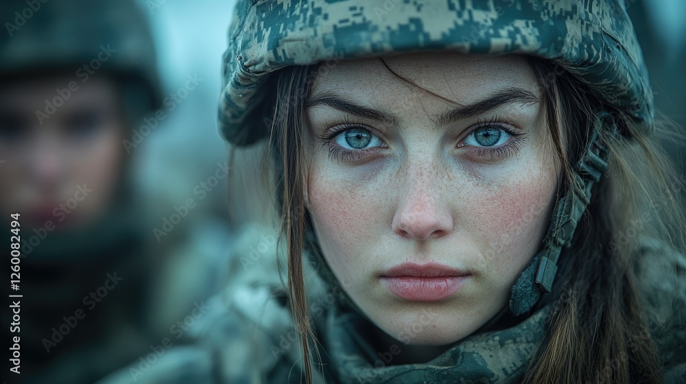 Focused expression of a soldier in tactical gear during a military training exercise at dawn Focused expression of a soldier in tactical gear during a military training exercise at dawn