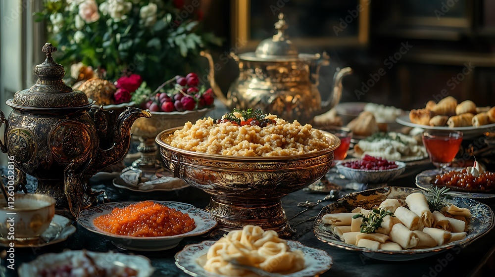 Fototapeta premium A grand Russian banquet table, featuring Guryev Porridge in elegant dishes alongside caviar, blini, and tea served from an ornate samovar, opulent lighting, deep rich colors, historical authenticity,