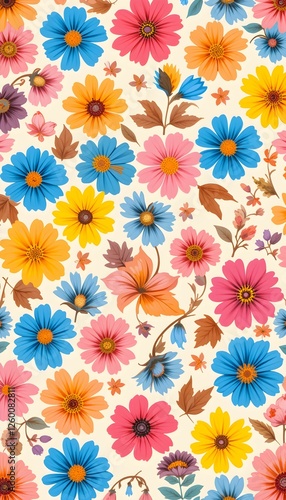 Wallpaper Mural Floral pattern. Pretty flowers on a white background. Printing with small orange, red, and pink flowers. Ditsy print. Spring Bouquet.A white background, red and orange small flowers pattern. Torontodigital.ca