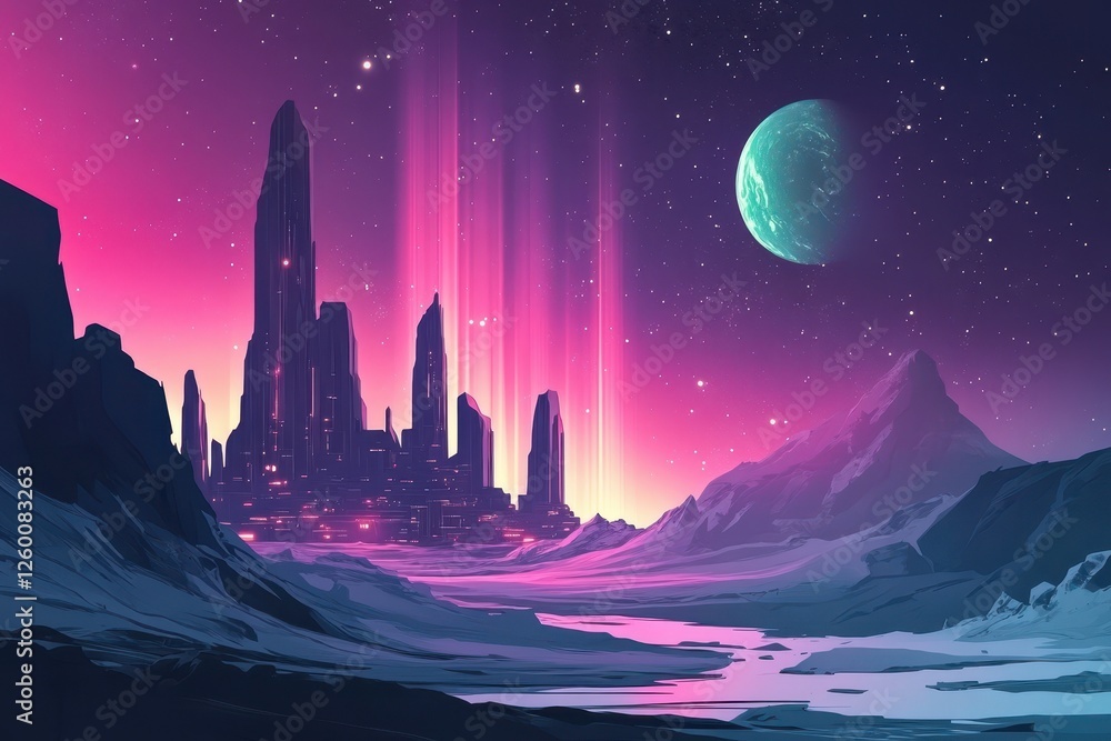 Futuristic cityscape on distant planet beneath a vibrant starry sky Futuristic cityscape on distant planet beneath a vibrant starry sky