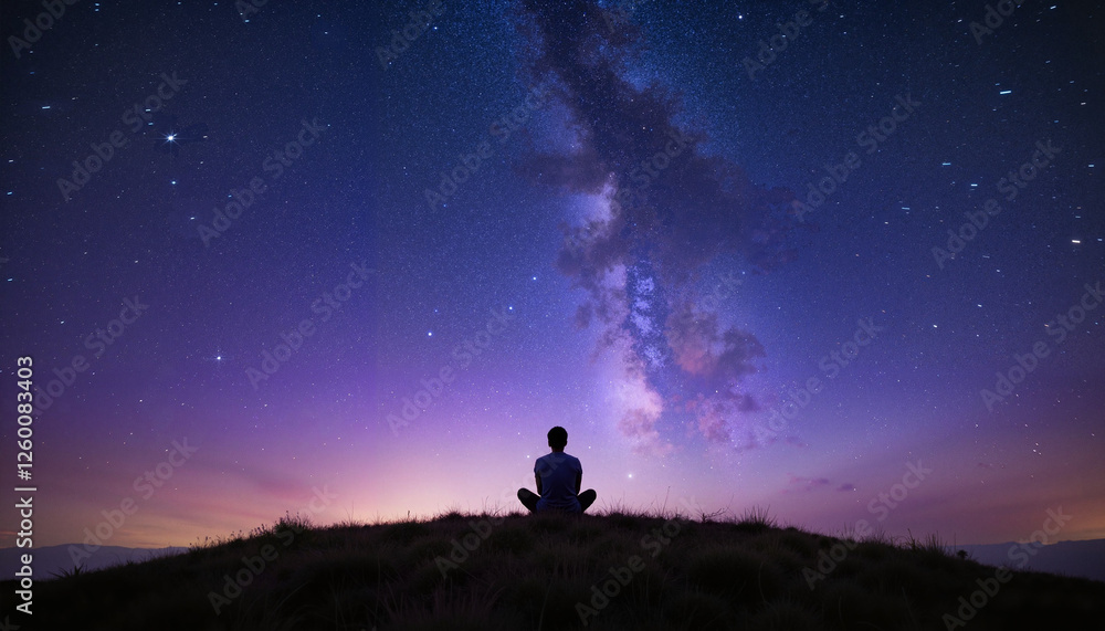 Fototapeta premium Person sitting on a hill gazing at the starry sky with falling stars and soft diffused lighting