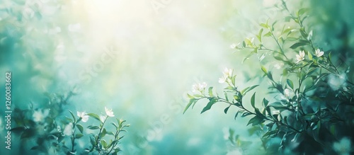 Serene spring abstract background featuring soft teal and light green hues with delicate white flowers and gentle bokeh effect.