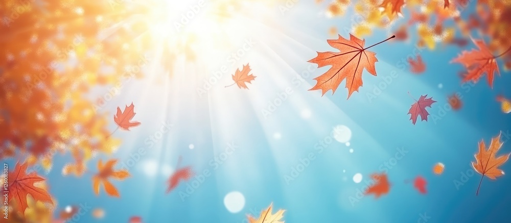 Bright autumn leaves floating against a vibrant blue sky, illuminated by sunlight with soft rays and blurred trees in the background. Bright autumn leaves floating against a vibrant blue sky, illuminated by sunlight with soft rays and blurred trees in the background.