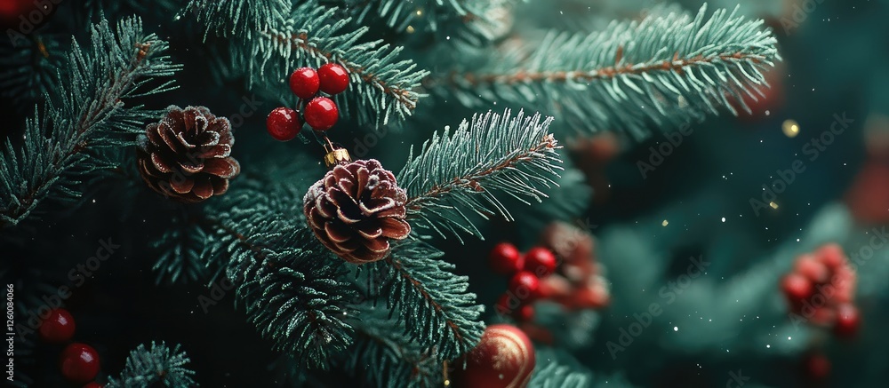 Close-up of a lush green Christmas tree featuring pinecones and red berries with soft bokeh, evoking a festive, warm atmosphere. Close-up of a lush green Christmas tree featuring pinecones and red berries with soft bokeh, evoking a festive, warm atmosphere.