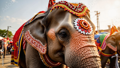 Wallpaper Mural Close-up of a beautifully decorated elephant on a parade, with detailed ornaments and painted patterns on its skin Torontodigital.ca