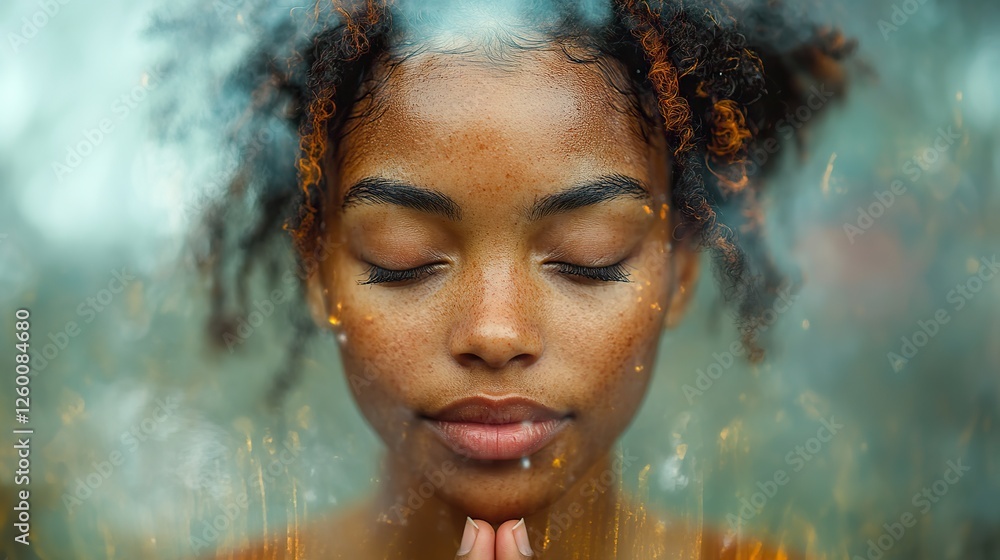 Fototapeta premium double exposure of a young woman praying with eyes closed and hands folded