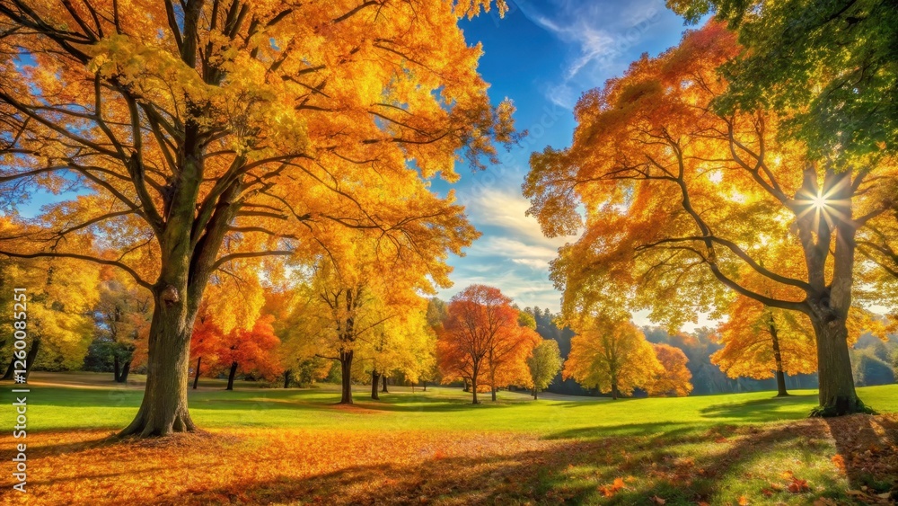 Fototapeta premium A vibrant autumn foliage scene in a park with golden hues of changing leaves against a clear blue sky and tall trees, surrounded by nature's splendor , forest scenery, woodland scene