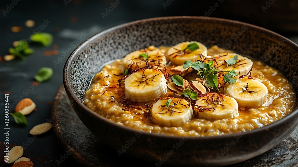 A luxurious fine-dining presentation of Ragi Porridge, elegantly plated with caramelized bananas, saffron strands, and a drizzle of almond butter, served in an ornate ceramic bowl, moody background, A luxurious fine-dining presentation of Ragi Porridge, elegantly plated with caramelized bananas, saffron strands, and a drizzle of almond butter, served in an ornate ceramic bowl, moody background,