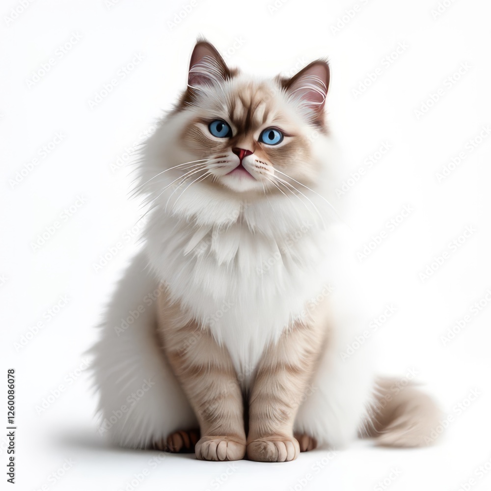 Fluffy White Cat with Blue Eyes Against a Soft White Background Fluffy White Cat with Blue Eyes Against a Soft White Background