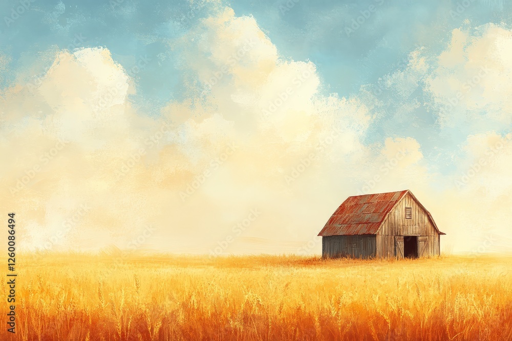 Rustic farmhouse stands in golden wheat field under a bright blue sky with fluffy clouds at sunset Rustic farmhouse stands in golden wheat field under a bright blue sky with fluffy clouds at sunset