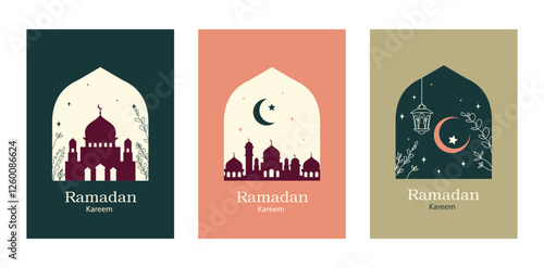 Set of Ramadan Kareem posters, greeting cards, and covers in pastel tones. Includes Islamic motifs, a mosque, a crescent moon, and stars. Suitable for holiday promotions and greetings.